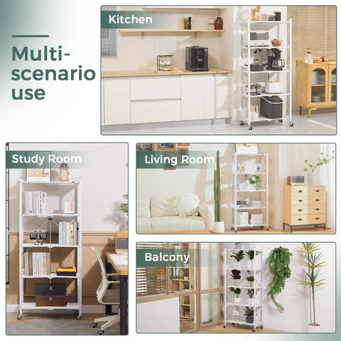 Five Shelf Folding Bookshelf With Wheels For Easy Go Anywhere Setup No Fuss Heavy Duty Freestanding Metal Wire Storage Rack For Living Room Office Kitchen Basement Pantry In White, 24x11x58 in