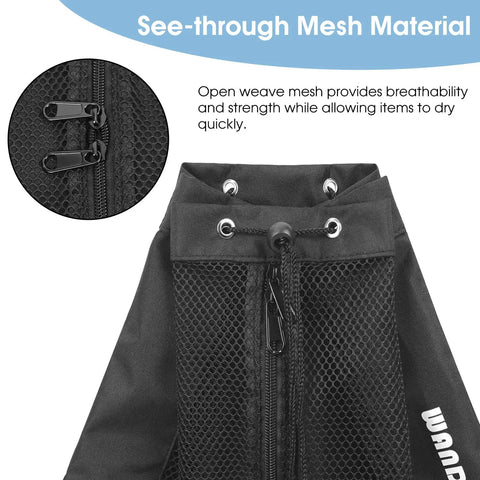 Close-up of dual zippers on Medium Go-To Swim Bag For Swimmers With Full Open Mesh Beach Backpack Design showing breathable mesh.