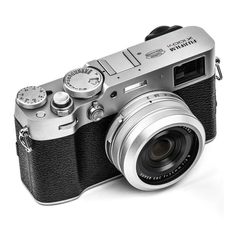 NC UV Silver Frame Lens Protector Filter For Fujifilm X100 Series Cams attached to camera body, showcasing design and fit.