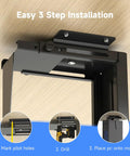 Adjustable Under Desk PC Mount And Wall CPU Rack With Full 360 Rotation installation guide showing three easy steps to secure PC.