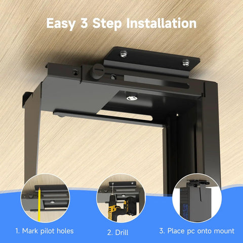 Adjustable Under Desk PC Mount And Wall CPU Rack With Full 360 Rotation installation guide showing three easy steps to secure PC.