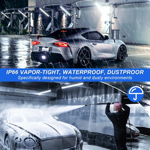 Rugged Four Foot Vapor Tight Shop Light With 40W 50W 60W Selectable Power Illuminating a Car Wash in Rainy Environment