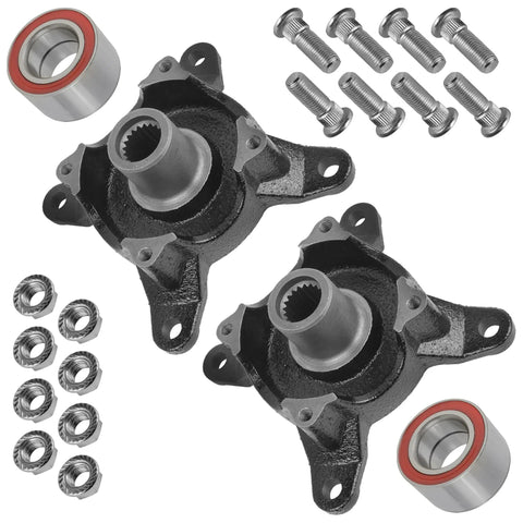 Front Left And Right Wheel Hub With Bearings And Complete Hardware Kit For Polaris Ranger 700, black steel hubs, sealed bearings, installation hardware.