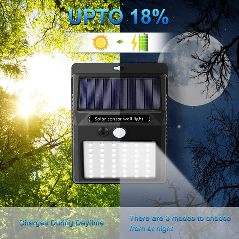Six Pack Solar Outdoor Lights With Three Modes Dim Long Light Mode Bright Sensor Mode And Motion Detection For Security Waterproof Outdoor Lighting For Garden Fence Patio And Garage product image showing solar panel and LED lights with sun and moon background.