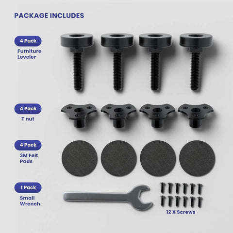 Beefy Adjustable Furniture Feet Leveling Kit For Heavy Duty Stabilization With Mounting Plates Felt Pads Screws And Wrench Three Eighths Inch Thread Supports Up To 1320 Lb Height Range Three Quarters To One And Three Quarters Inches Four Pack