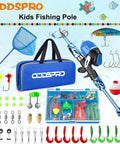Kids Fishing Pole Starter Kit With Tackle Box, Reel, Practice Plug And Travel Bag, colorful lures and accessories displayed