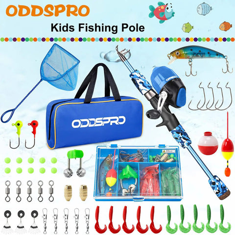 Kids Fishing Pole Starter Kit With Tackle Box, Reel, Practice Plug And Travel Bag, colorful lures and accessories displayed