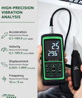 Vibration Meter VM-424 With Remote Probe for Motors and Gearboxes, displaying measurements, held by person