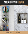 Before and after of Tile Ready Shower Niche Insert In Wall Shelf 12x12 Inch showing organized bathroom storage solution.
