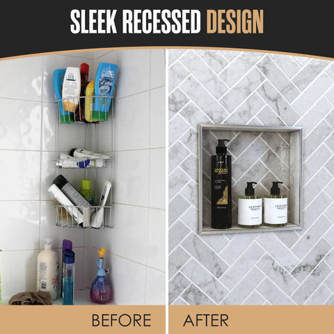Before and after of Tile Ready Shower Niche Insert In Wall Shelf 12x12 Inch showing organized bathroom storage solution.