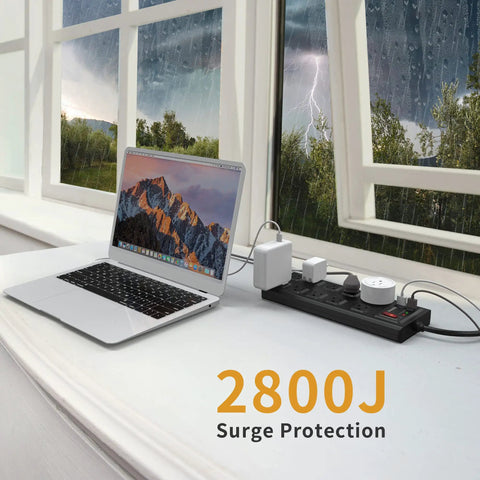 Heavy Duty Power Strip Surge Protector With 10 Wide Outlets And 4 USB Ports 1875W 15A 2800 Joules Protection indoors by window