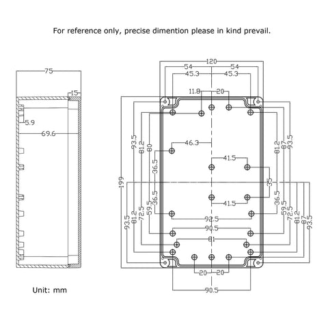 Technical diagram of Waterproof ABS Plastic Electronics Project Box Enclosure 200mm by 120mm by 75mm with dimensions in mm