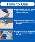 How to use Clear Silicone Caulk For Windows And Doors, 2.8 Fl Oz Tube, 3-step guide with images of tube preparation, application, and cleaning.