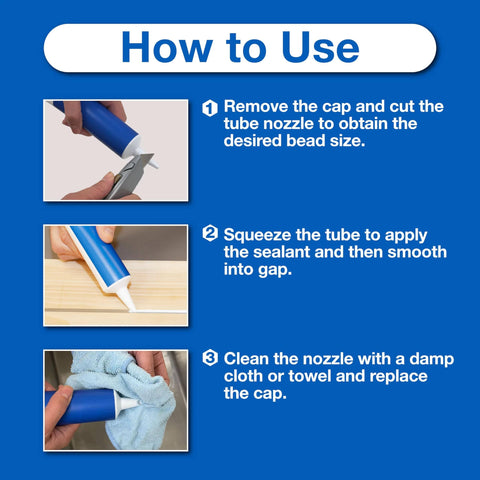 How to use Clear Silicone Caulk For Windows And Doors, 2.8 Fl Oz Tube, 3-step guide with images of tube preparation, application, and cleaning.