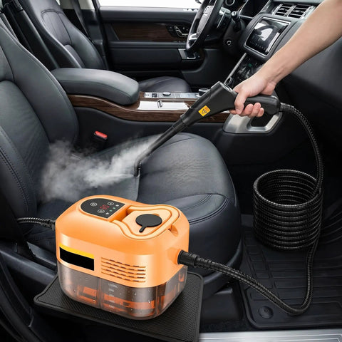 Heavy Duty 2500W Handheld Steam Cleaner With 4.5 Bar High Pressure For Kitchens And Bathrooms Quick Heating In Just Ten Seconds Adjustable Speeds To Tackle Grease And Grime Easy Use Portable Design For Home Cleaning Tasks And Car Detailing Projects in use on car seat, showcasing steam power and portability.