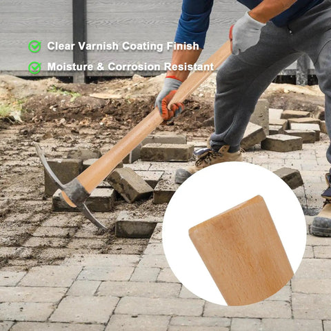Two Pack Beech Wood 35 Inch Pick Axe Handle Replacement in use with clear varnish coating for heavy duty pickaxe and mattock tools.