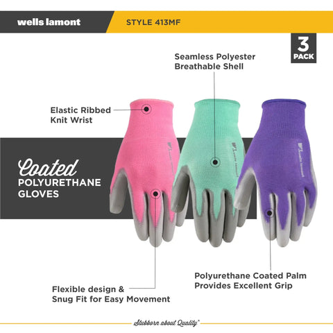 Women Garden Gloves With All Day Comfort Breathable Polyester Shell And Seamless Fit PU Coated Palm For Superior Grip And Durability Elastic Wrist 3 Pack In Pink Green Purple Medium displayed