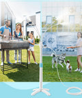 Stand Up Outdoor Mister System With Adjustable 46 Inch Height 5 Brass Nozzles And 26 Foot Hose For Patio BBQ Pool And Water Activities Portable Cooling Mist That Keeps It Chill On Hot Summer Days with family around BBQ.