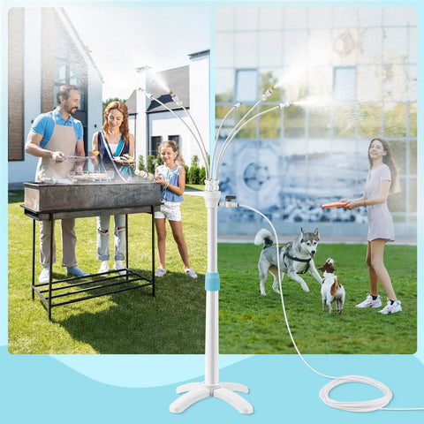 Stand Up Outdoor Mister System With Adjustable 46 Inch Height 5 Brass Nozzles And 26 Foot Hose For Patio BBQ Pool And Water Activities Portable Cooling Mist That Keeps It Chill On Hot Summer Days with family around BBQ.