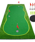 Real Feel Golf Putting Green Mat For Indoor Outdoor Practice With A True Roll Surface including flags, balls, and cup at home or yard