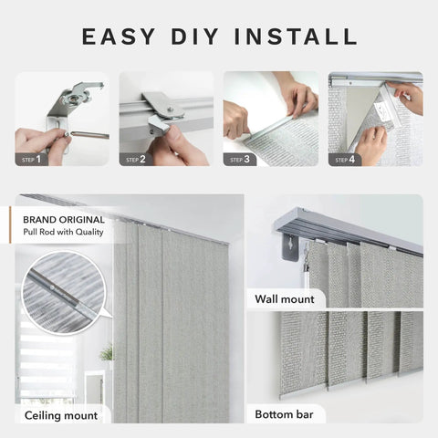 Installation steps and features of Adjustable Sliding Panel Track Door Blinds For Sliding Glass Doors, Cordless 4-Panel System.