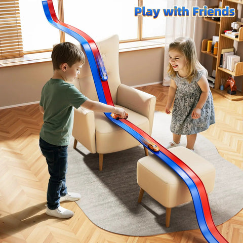 Kids enjoying 15 Ft Flexible Race Track Set For Kids Ages 3 8 With 2 Small Cars Build Your Own Custom Indoor Outdoor Track Portable Car Ramp