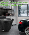 Must Have Decorative Wicker Garden Hose Pot Hideaway That Keeps Hoses Tidy For Outdoor And Garage Hose Holder Fits 100 To 400 Feet Hoses With Five Drain Holes Large Capacity Assembly Required Black next to car in garage
