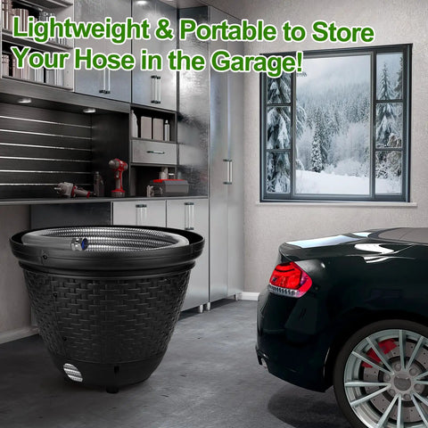 Must Have Decorative Wicker Garden Hose Pot Hideaway That Keeps Hoses Tidy For Outdoor And Garage Hose Holder Fits 100 To 400 Feet Hoses With Five Drain Holes Large Capacity Assembly Required Black next to car in garage