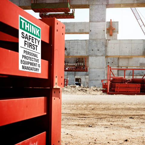 Construction site with 'Think Safety First' sign emphasizing mandatory personal protective equipment.