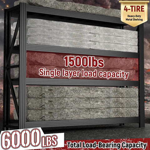 Beefed Up 4 Tier Storage Shelving Black Industrial Grade Rack Cracks Under Up To 6000 Lbs Pressure, showing shelves with 1500 lbs capacity.