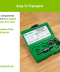 Four Piece Quick Change Carbide Tipped Hole Cutter Set in green tool case open on wooden surface