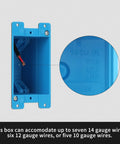 1-Gang PVC Electrical Box For Old Work Blue 14 Cubic Inches With Adjustable Mounting Tabs Standard Wall Switch Outlet Box Non-Conductive Plastic ETL Listed shown with wire capacity details.