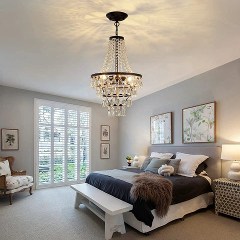 Three Light Crystal Chandelier Modern Adjustable Hanging Ceiling Light Fixture Black Pendant Lighting For Dining Room Living Room Bedroom Kitchen Dimmable With E12 Bulbs Not Included focusing over an elegant bedroom setting.