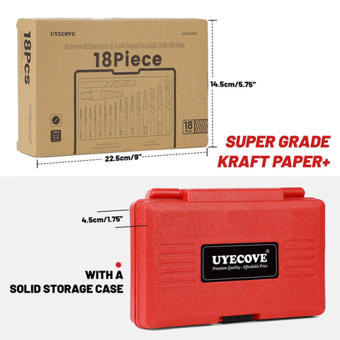 Packaging of 18 Piece Screw Extractor Set And Left Hand Drill Bits For Removing Stripped Screws And Damaged Bolts Easy Out