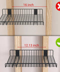 Diagram comparing installation gaps of 2 Pack Heavy Duty Wall Shelves For Garage And Home Mounts Steel Floating Shelves With Mesh Rack