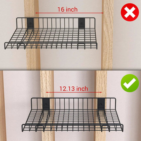 Diagram comparing installation gaps of 2 Pack Heavy Duty Wall Shelves For Garage And Home Mounts Steel Floating Shelves With Mesh Rack