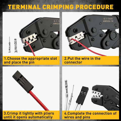 Instructional guide on using the ratcheting crimping tool from the 2020 Piece XH 2.54mm Connector Kit for terminal connections