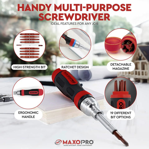 Ratcheting Screwdriver Set With Magnetic Tips 19 In 1 All In One Portable Handy Multi Tool with various bits and ergonomic handle.