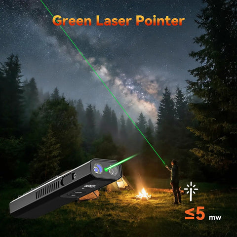 4-In-1 EDC Flat Flashlight USB-C Rechargeable Magnetic Slim Handheld Light with green laser in a forest campsite.