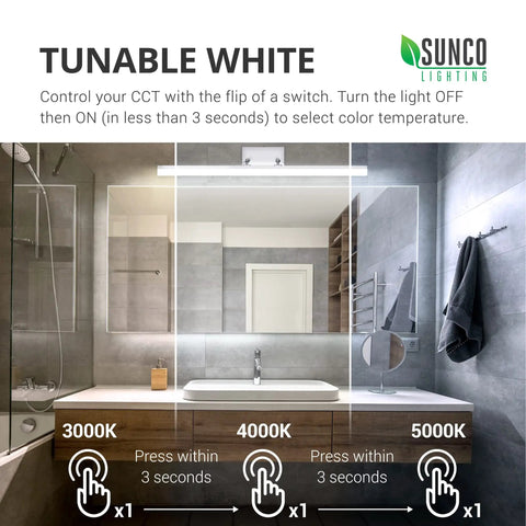 Modern Vanity Light Fixture For Bathroom, LED Bar Lights, showing tunable white light options 3000K, 4000K, 5000K over mirror