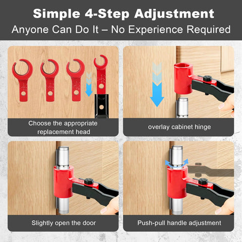 Image showing a six in one door hinge adjustment tool with six wrench sizes for hinges from 0.39 to 0.98 inches in use.