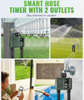 WiFi Garden Water Timer For 2 Zone Sprinklers, Smart Irrigation Controller in use with app and two zone setup images.