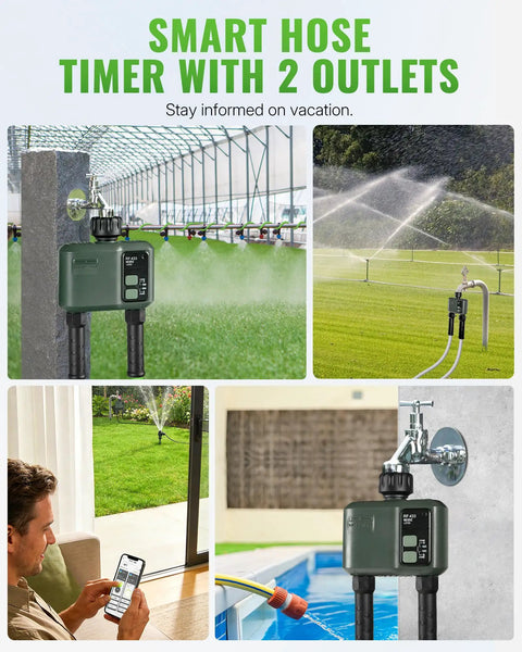 WiFi Garden Water Timer For 2 Zone Sprinklers, Smart Irrigation Controller in use with app and two zone setup images.