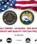 Hickory Summit SBA logo, US flag backdrop, media logos including Fox, ABC, NBC, CBS, promoting service trust.