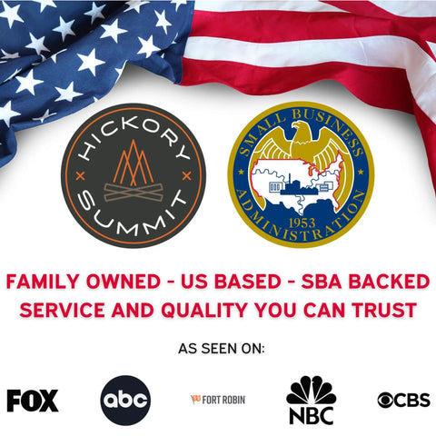 Hickory Summit SBA logo, US flag backdrop, media logos including Fox, ABC, NBC, CBS, promoting service trust.