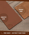 Double Sided Knife Stropping Leather Strop Kit 3 By 8 Inches with smooth and rough sides visible for sharpening and polishing knives.
