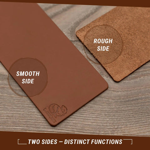 Double Sided Knife Stropping Leather Strop Kit 3 By 8 Inches with smooth and rough sides visible for sharpening and polishing knives.