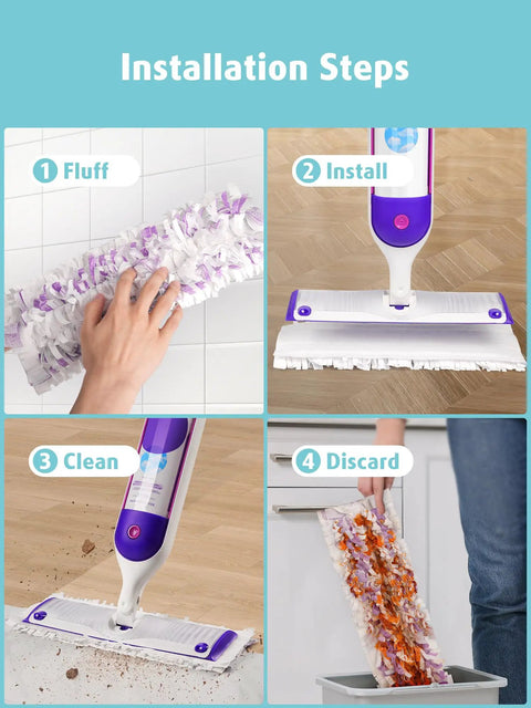 24 Pack Disposable Power Mop Pads Refills For Swiffer Power Mop, Thick 14 Layer Design, Secure Attachment, Heavy Duty Replacements For Fast Easy Deep Cleaning At Home, Kitchen, And Bathroom. Installation steps showing fluff, install, clean, and discard.