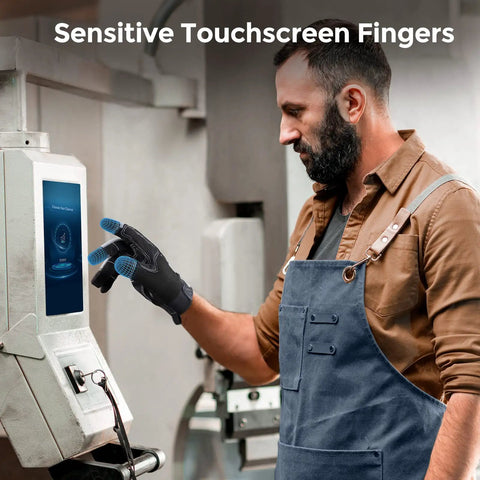 Man using touchscreen with Heavy Duty Mechanic Work Gloves With 8mm Padded Knuckles And Synthetic Leather Palm in workshop