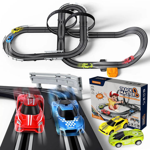 Epic Slot Car Race Track Set For Kids With Four High Speed Cars, Hand Controllers, Dual Power Modes shown with packaging